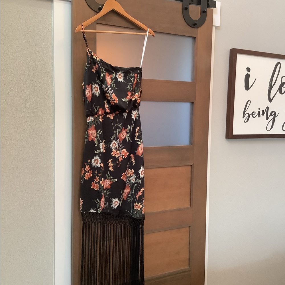 Let's Be Fringe Black Floral Print Satin One-Shoulder Midi Dress